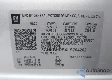 2020 Chevrolet Blazer Awd 2Lt z USA, uszkodzony, nr VIN 3GNKBHRSXLS704202